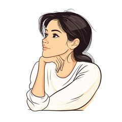 Pensive woman gazing sideways with hand on chin illustration