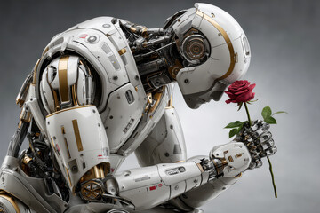 Fototapeta premium Futuristic humanoid robot holding red rose symbolizing technology and emotion, neutral background