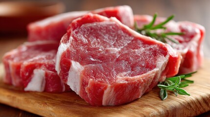 Fresh slices of pork chops are neatly laid out on a wooden cutting board, accompanied by sprigs of green herbs, ready for preparation in the kitchen. This setup showcases the meat's quality and color.