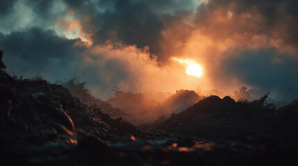 World War II battlefield at sunrise, dramatic lighting, cinematic tone, no visible faces