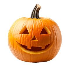 A carved Halloween pumpkin with a smiling face on a black background