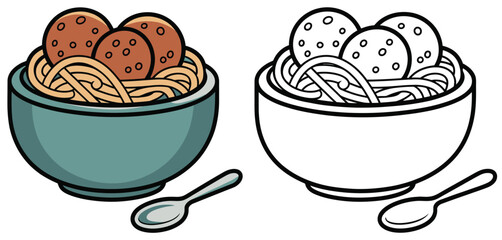 Colored and Black and White Bowl of Spaghetti with Meatballs