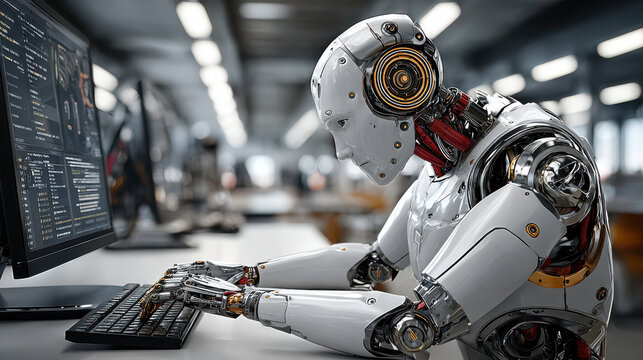 Humanoid AI robot typing on computer in modern office interior
