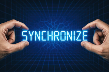 Two hands align glowing digital segments to form a synchronized connection symbolizing integration and coordinated workflow in technology