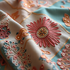 Fototapeta premium Stitched Elegance in Bloom – Colorful threadwork and radiant designs bring this fabric canvas to life with artistic beauty.