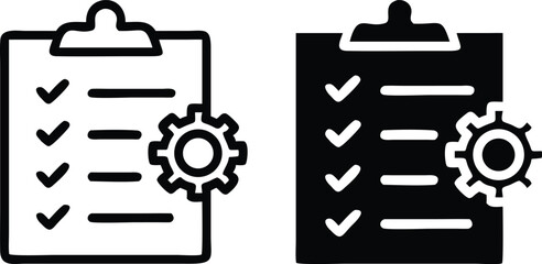 Task Checklist and Gear Icon Set – Clipboard Configuration Symbol for Workflow and Settings