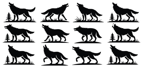 Fototapeta na wymiar Various Wolf Silhouettes in Different Poses