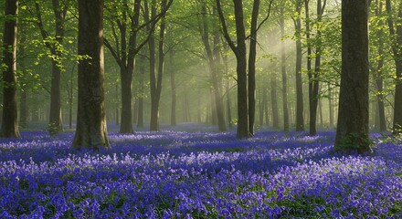 朝の柔らかな光が差し込む、青紫の花畑と森の神秘的な風景. AI Generated