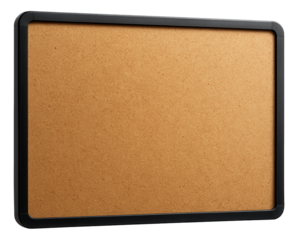 A large cork bulletin board for pinning notices and memos, enhancing communication in a co-working area.