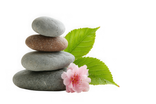 Zen stone stack with pink blossom and green leaves isolated on transparent background - Powered by Adobe