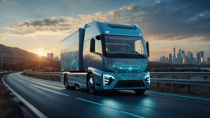 Futuristic smart truck driving on a highway at sunset