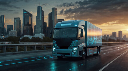 Futuristic smart truck driving on a highway at sunset