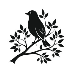 Silhouette of a bird perched on a tree branch with delicate leaves and buds
