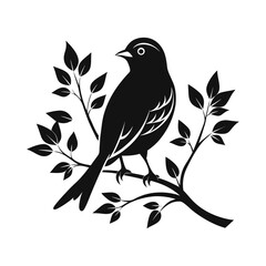 Silhouette of a bird perched on a tree branch with delicate leaves and buds