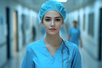 Serene Nurse in Blue Scrubs, Hospital Corridor