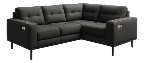 Corner sofa with integrated USB ports and cup holders, providing modern conveniences in a media room.