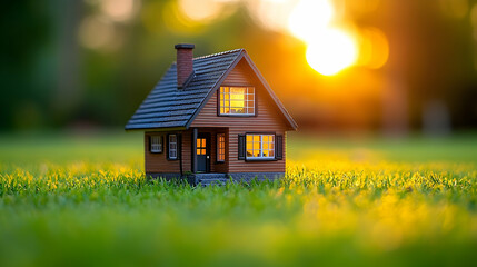 Miniature House Bathed in Golden Sunset Light on a Lush Green La
