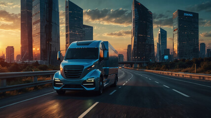 Futuristic smart truck driving on a highway at sunset