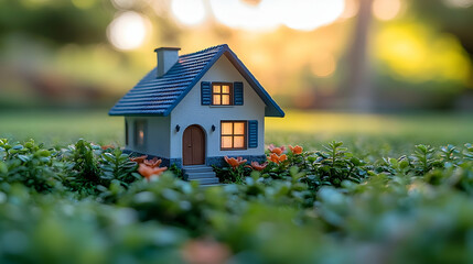 Illuminated Miniature House nestled in Lush Green Foliage at Sun