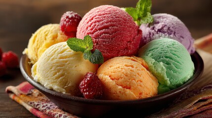 Six vibrant scoops of ice cream in a bowl, featuring flavors like strawberry, mint, mango, and lavender. Fresh raspberries and mint garnish enhance the presentation.