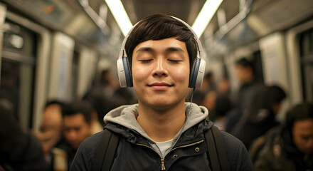 A person finds peace on a crowded subway with headphones. Use this image for relaxation music apps mindfulness guides travel serenity ads and personal escape promotions.