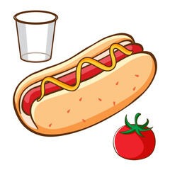 Hotdog, tomato, and cup: A classic hotdog topped with mustard alongside a fresh tomato and a clear cup, showcasing the components of a casual, delicious meal. 