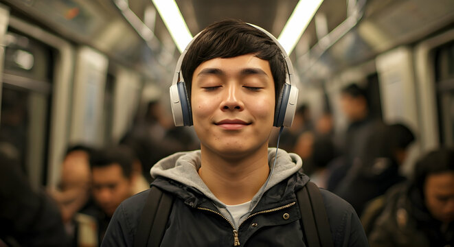 A person finds peace on a crowded subway with headphones. Use this image for relaxation music apps mindfulness guides travel serenity ads and personal escape promotions.
