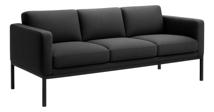 Straight sofa with a sturdy metal frame and fire-retardant fabric, suitable for use in a hotel lobby or public lounge space.