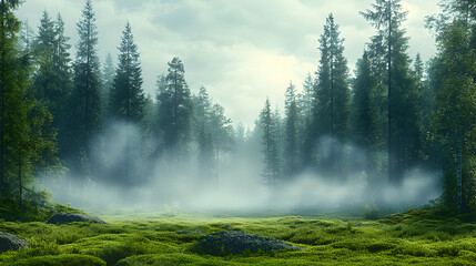 Ethereal Forest Glade: Mossy Ground and Misty Pines in Soft Ligh