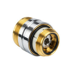 A single, new, polished brass or chrome-plated shower valve cartridge, with visible ceramic components, o-rings, and splines, presented in a 3/4 view on a seamless transparent studio background with