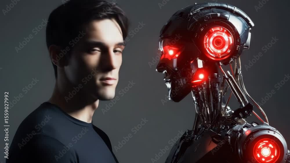 Poster clash of worlds: a human and a robot stare at each other, symbolizing the future humanity. a fantast