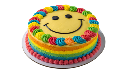Celebration birthday cake with smiley face rainbow frosting for party and special occasion dessert food isolated on transparent background