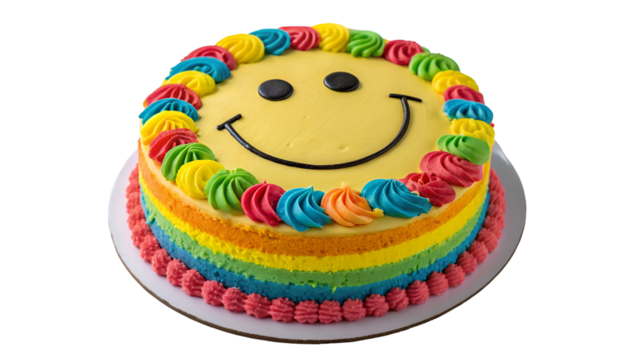 Celebration birthday cake with smiley face rainbow frosting for party and special occasion dessert food isolated on transparent background