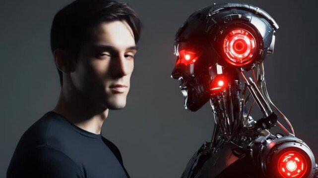 Clash of Worlds: A human and a robot stare at each other, symbolizing the future humanity. A fantastic concept of AI and humans. The robot's red eyes flicker, foreshadowing the technological era.