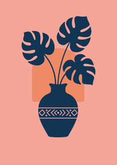 minimalist illustration of Monstera deliciosa in a vase, plant, natural, background. pink and blue. art for decoration. boho style