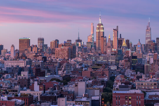 Midtown Manhattan skyline at sunset, New York City, USA
