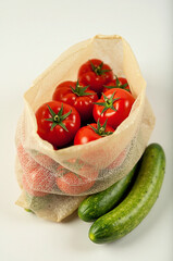 Tomatoes and Cucumbers in Mesh Bag Still Life, Red Green Beige, Eco-friendly Groceries Concept