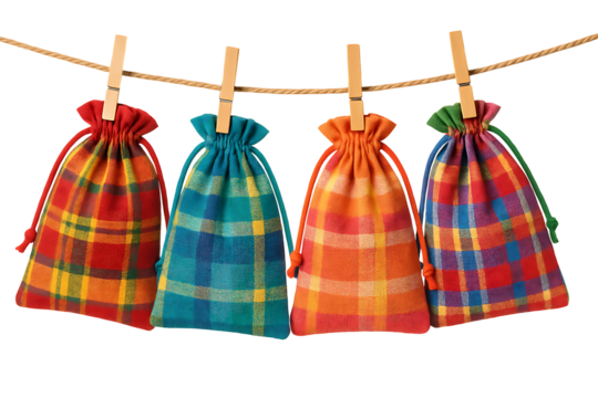 Colorful drawstring cloth bags hanging on rope isolated on transparent background