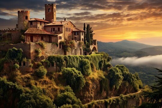 Breathtaking view of a medieval castle perched on a cliff overlooking a picturesque valley bathed in the warm glow of sunset