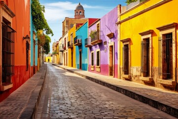 Obraz premium Vibrant facades of traditional houses create a picturesque scene along a charming cobblestone street in a historic mexican town