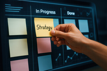 A arranges a virtual note labeled strategy on a digital project board symbolizing planning and progress