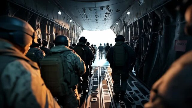 Army soldiers and paratroopers descending from an Air Force C 130 during an airborne operation. silhouette concept