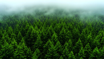 Misty Mountaintop Evergreen Forest Aerial View