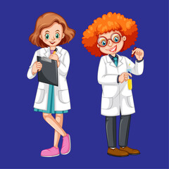 Lab Duo: Two scientific researchers, depicted in a colorful illustration, are diligently at work within a lab, engaged in experimentation, dressed in lab coat.