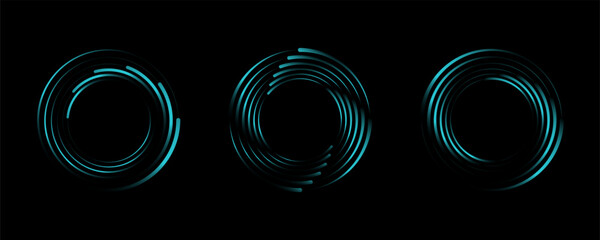 Set of speed lines in circle form. Radial speed Lines in Circle Form for comic books. Technology round Logo. Black thick halftone dotted speed lines.