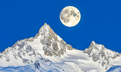 Full Moon Ascends Above Snow-Capped Mountain Peaks Against a Dee