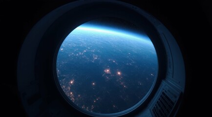 Earth view from space station window, showing cities at night