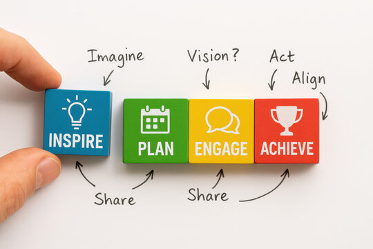 A arranges colorful blocks representing inspiration planning engagement and achievement as steps for business success and teamwork