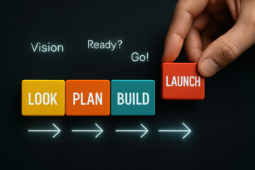 A places a bright red block symbolizing launch after a sequence planning building and strategic vision on a dark digital dashboard