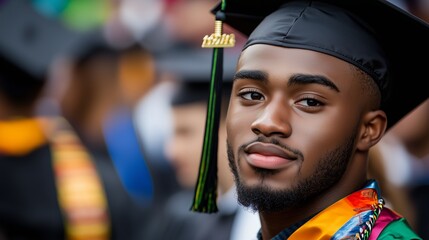 Graduation celebration at an outdoor ceremony with proud graduate wearing cap and gown in bright, festive atmosphere